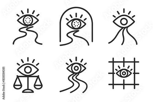 Visionary Journey Icons. Line vector icons of a visionary journey of prophecy: radiant eye paths, glowing vision arcs, luminous