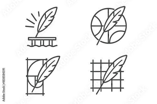 Quill on Pier. Line vector icons of a quill on a pier determining proportions: elegant feather outlines, radiant dock paths,