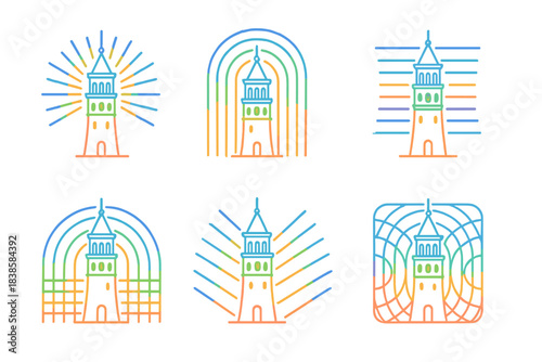 Rainbow Prism Tower. Line vector icons of a vintage tower with rainbow effects: radiant prism towers, luminous layered outlines,