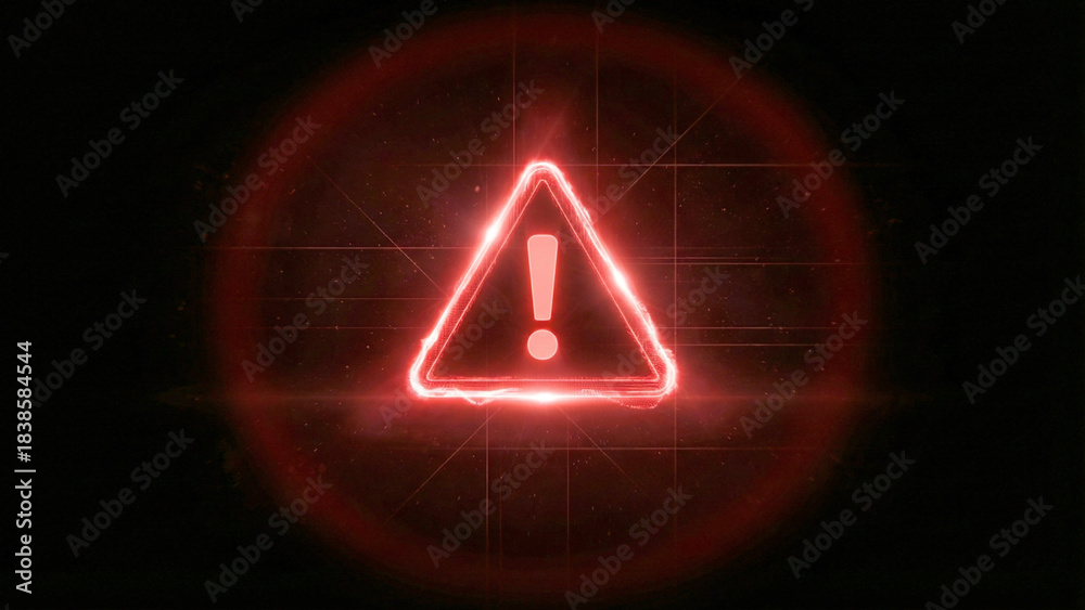 Naklejka premium 赤い警告アイコンがきらめき、デジタルコードの雨がさらさら流れるサイバー空間を表現。危機感と未来への強さや回復力を感じさせ、セキュリティ関連の広告