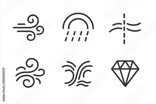 Squall Icon Collection. Line style icons of squall partition wonders: gust swirl, rain arc, boundary line, rare gem, turbulent air