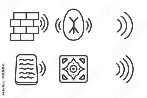 Echoing Rune Wall Icons. Line style icons of echoing wall of symbols: stone wall, ancient rune, sound waves, engraved tablet,