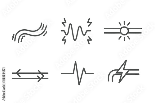 Energetic Conduit Icons. Line style icons of trembling conduit: curved channel, shaking linework, glowing node, directional flow,