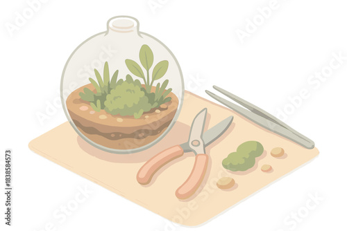 Botanical Craft Scene. Isometric vector illustration set Botanical craft scene: transparent glass sphere terrarium with layered