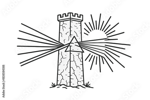 Weathered Light Tower. Line style icons of weathered tower splitting light: tall structure, cracked surface, prism lines, radiant