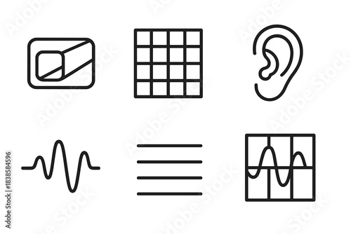 Audio Detection Icons. Line style icons of framework rut for aural detection: channel outline, mesh pattern, frequency path, ear