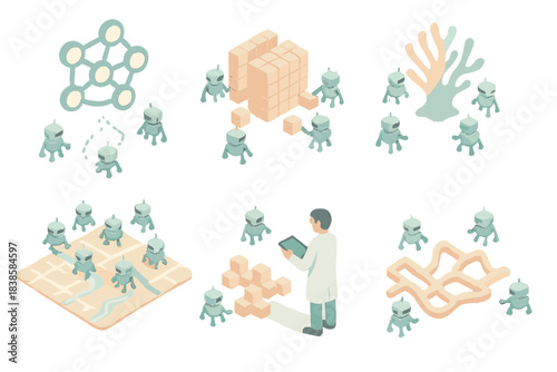 Neural Swarm Construction. Isometric vector illustration set Neural swarm construction: AI network guiding robotic swarm, pattern