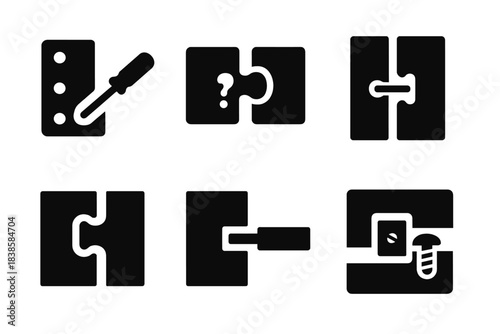 Concealed Joint Designs. Solid style icons of concealed joint designs: cryptic fastener, mysterious connector, puzzling attachment
