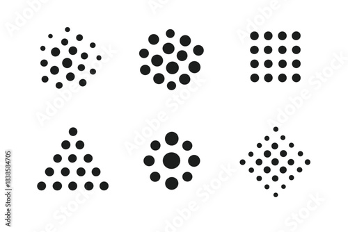 Dotted Formation Motifs. Solid style icons of dotted formation motifs: gathered specks, assembled spots, collected dots, amassed