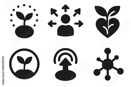 Inner Growth Icons. Solid style icons of inner growth structures: nurturing hub, encouraging center, fostering core, cultivating
