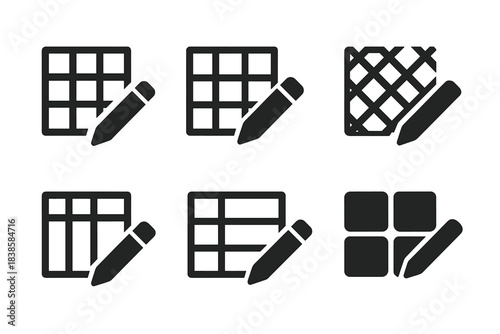 Delicate Editing Grooves. Solid style icons of delicate editing grooves: grid conduit, framework groove, lattice furrow, structure