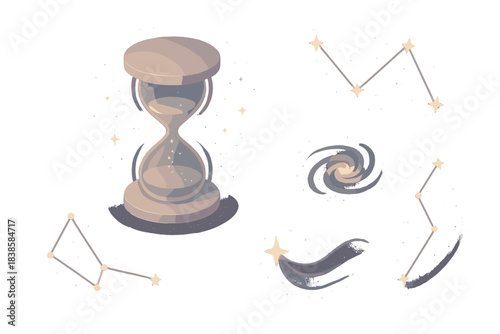 Luminous Cosmos Hourglass. Isometric vector illustration set Luminous cosmos timepiece: hourglass suspended in dark space, glowing