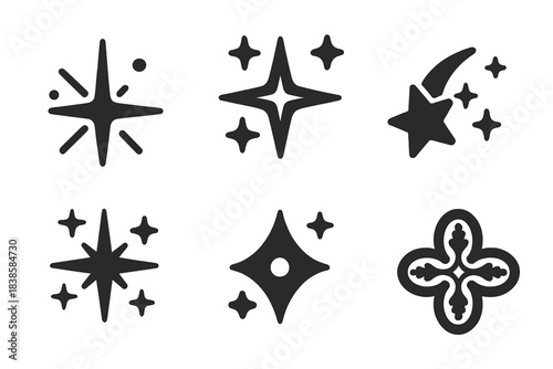 Decorative Illumination Icons. Solid style icons of decorative illumination designs: customized sparks, tailored glimmers,