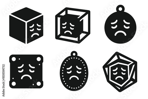 Melancholic Magical Cubes. Solid style icons of melancholic magical cubes: lamenting cube, mourning hypercube, sorrowful charm,