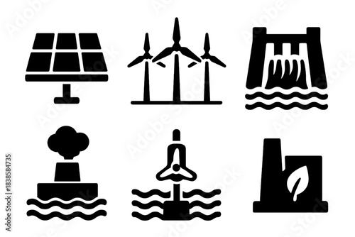 Renewable Energy Icons. Solid style icons of renewable energy systems: solar panel array, wind turbine field, hydroelectric dam,
