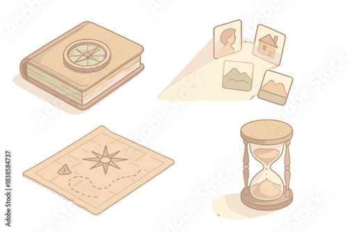 Mnemonic Explorer Icons. Isometric vector illustration set Mnemonic explorer: compass embedded in old journal, light beam