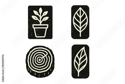 Botanical Woodcut Icons. Solid style icons of botanical replications: copied plant vessels in woodcuts, duplicated sap channels in