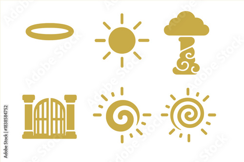 Heavenly Icon Collection. Solid style icons of heavenly aesthetics: golden halo disc, radiant light orb, ethereal cloud column,