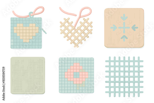 Digital Embroidery Artistry. Isometric vector illustration set Digital embroidery: thread pixels, light stitches, pattern