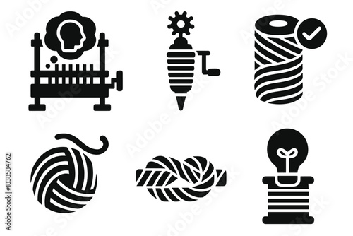 Philosophical Craft Icons. Solid style icons of philosophical craftsmanship: crafted thought loom, adjusted reason spindle, shaped