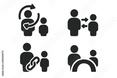 Distant Renewal Icons. Solid style icons of distant renewal: harnessing distant youth, yoking far-off young energy, connecting