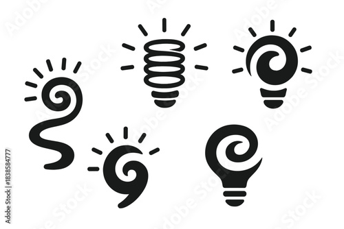 Visionary Design Icons. Solid style icons of visionary design: luminous spiral path, radiant coil centerpiece, innovative whorl