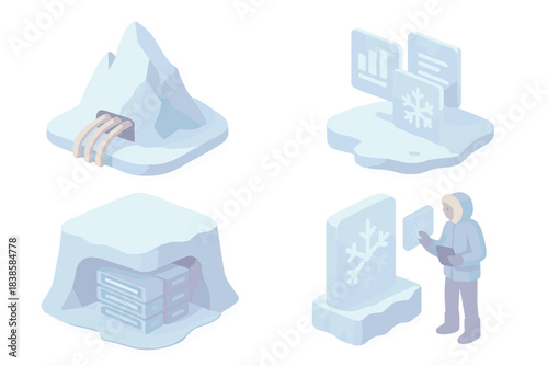 Polar Data Vault. Isometric vector illustration set Polar data vault: icy mountain hiding fiber cables, frozen holographic panels,