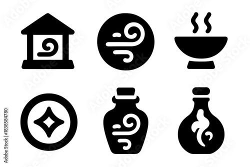 Elemental Devotion Icons. Solid style icons of elemental devotion: air shrine token, wind sanctum symbol, sky prayer bowl, ether