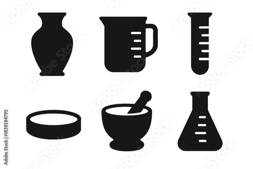 Scientific Pottery Icons. Solid style icons of scientific pottery: precision clay vessel, glazed measuring jar, ceramic