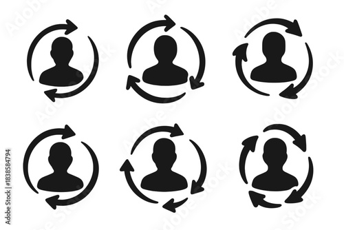 Kinetic Cleansing Icons. Solid style icons of kinetic cleansing: swirling images for removal, rotating effigies for ejection,