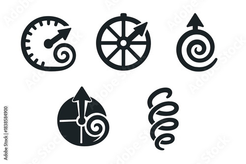 Creative Emotion Icons. Solid style icons of creative emotion: dynamic yearning dial, artistic longing wheel, reflective passion