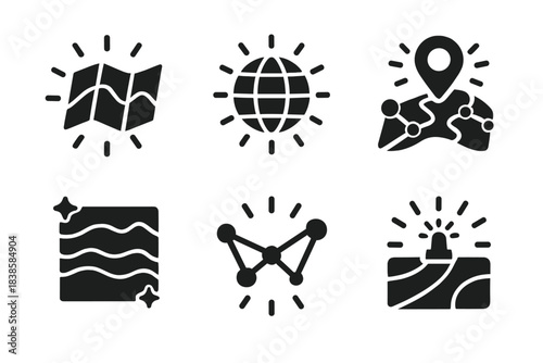 Glowing Eco Icons. Solid style icons of environmental illumination: glowing landscape map, luminous terrain grid, bright