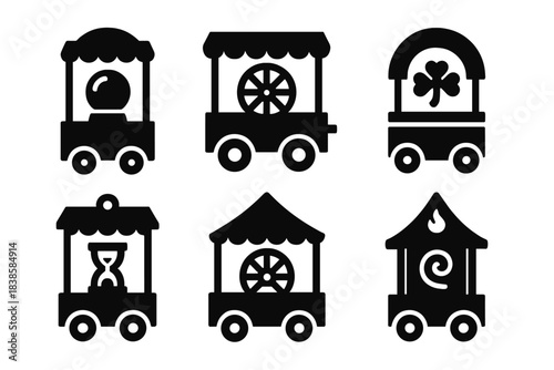 Destiny Motion Icons. olid style icons of fateful motion: a moving booth of destiny, a kinetic stall of fate, a dynamic stand of