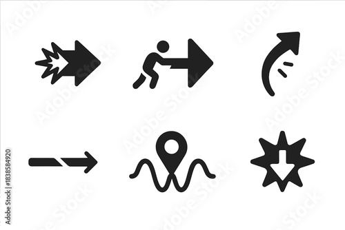 Dynamic Motion Icons. Solid style icons of motion and impact: jolting direction arrow, pushing travel beam, bumping route curve,