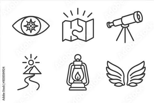 Visionary Prophecy Icons. Line style icons of visionary prophecy journey: eye compass, glowing map, visionary telescope, foresight