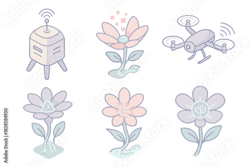 Futuristic Pollination Technology. Isometric vector illustration set AI pollination system: robotic hives monitoring transmission,
