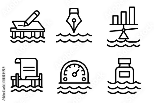 Waterfront Icon Set. Line style icons of waterfront numeric creation: writing pier, geometry pen, balanced chart, docked scroll,