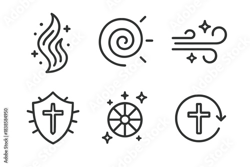 Sacred Swirl Icons. Line style icons of frontline swirl of consecration: sacred current, glowing spiral, guiding wind, devoted