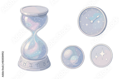 Stellar Chronometer Design. Isometric vector illustration set Stellar chronometer: transparent glass filled with nebula glow,