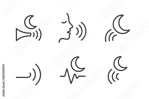 Nocturnal Sound Icons. Line style icons of nocturnal sound warning: moonlit horn, whisper beam, fading call, dark resonance,