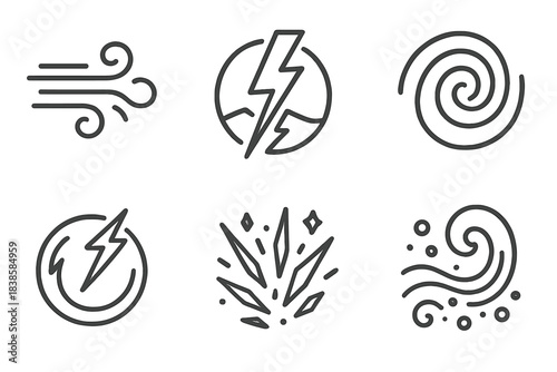 Icons of Stormy Wonders. Line style icons of tempest boundary of wonders: breaking air, flashing split, vibrant swirl, storm ring,