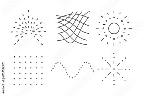 Particle Line Icons. Line style icons of collective particle design: converging dots, flowing grid, luminous formation, arranged