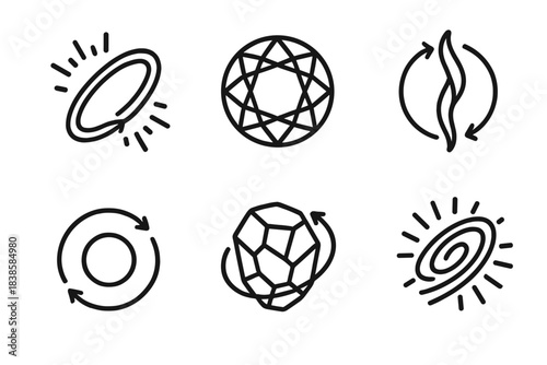 Eternal Rotating Mineral. Line style icons of eternal rotating mineral: glowing loop, circular gem, flowing axis, harmonious