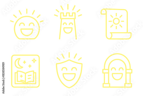Rapturous Icon Set. Line style icons of rapturous account barrier: glowing lines, laughing tower, radiant parchment, story symbols