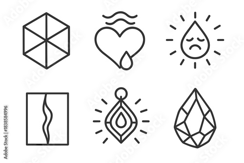 Dimensional Mourning Icons. Line style icons of dimensional mourning charm: folded cube, emotional energy, radiant sadness,