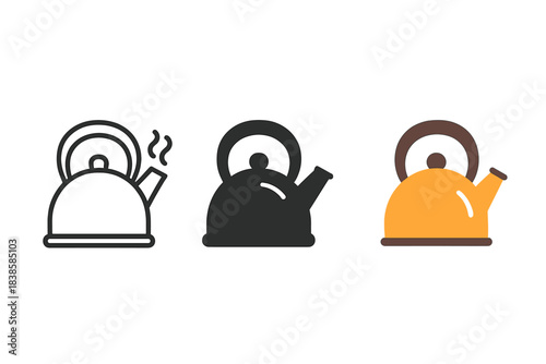 Kettle Boiling Icons. three minimal vector icons of kettle boiling for morning tea with whistle alert, line outline style, solid