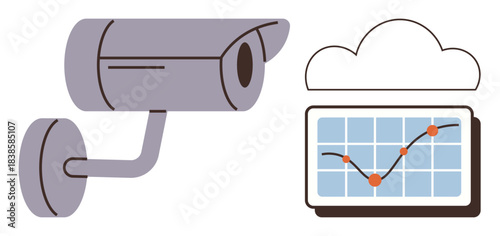 CCTV camera and digital screen displaying cloud-hosted analytics chart with trend lines. Ideal for security, technology, data tracking, cloud storage, analytics, monitoring, automation, simple flat