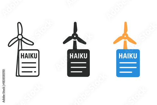 Wind-Powered Haiku Icons. three minimal vector icons of a wind-powered poetry generator crafting haikus dynamically, line outline