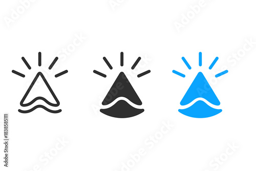Radiant Delta Icons. three minimal vector icons of a radiant delta mouth symbolizing intelligent water flow, line outline style,