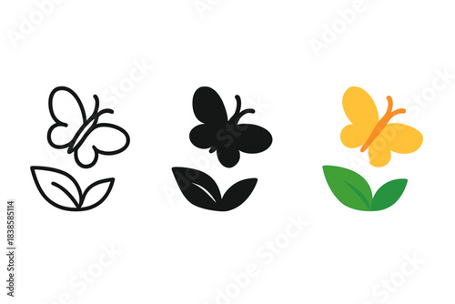 Butterfly Icon Trio. three minimal vector icons of a butterfly silhouette hovering above a garden leaf, line outline style, solid
